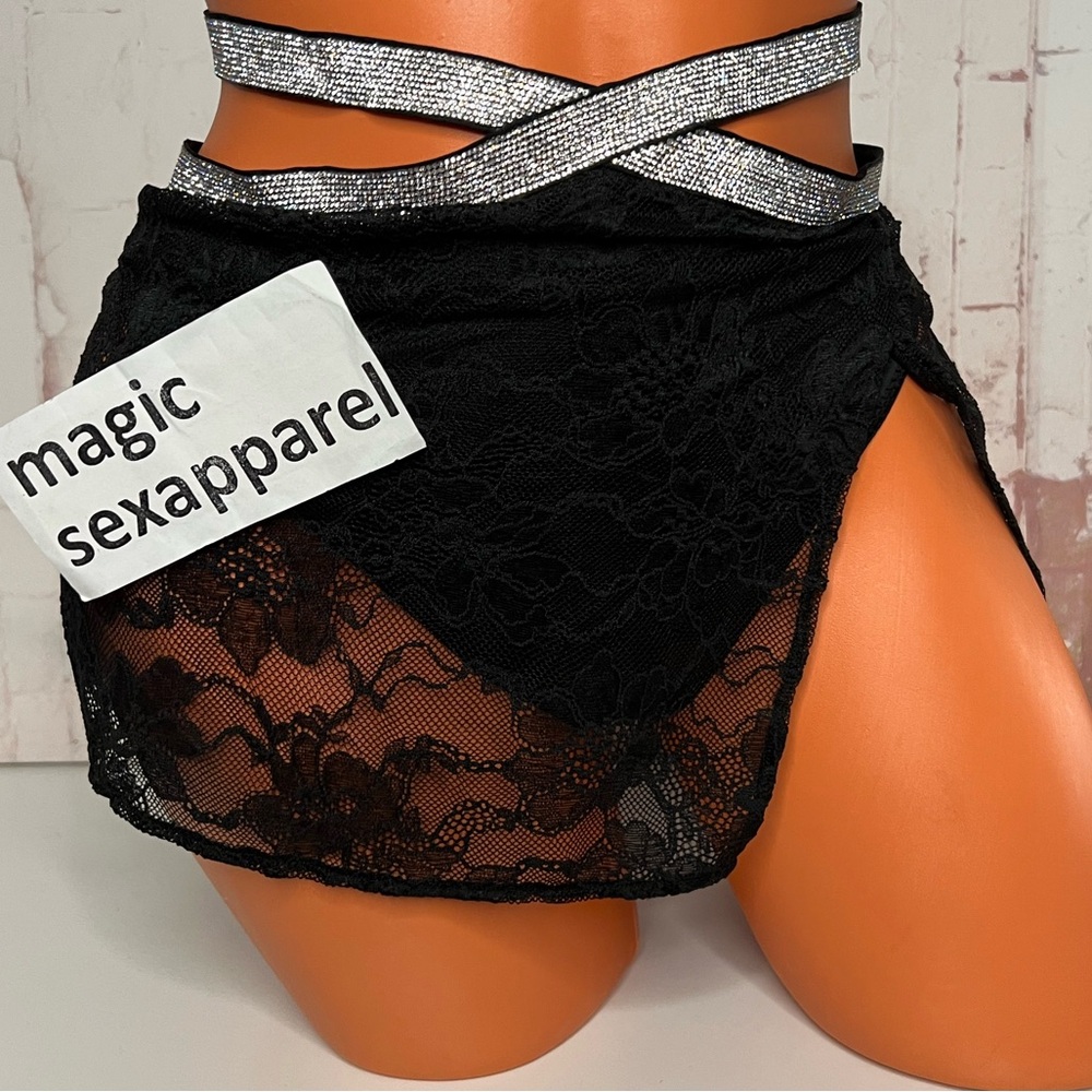 VS XS SHINE STRAP MINI SKIRT PANTY CRYSTALS RHINESTONES FLORAL LACE BLACK